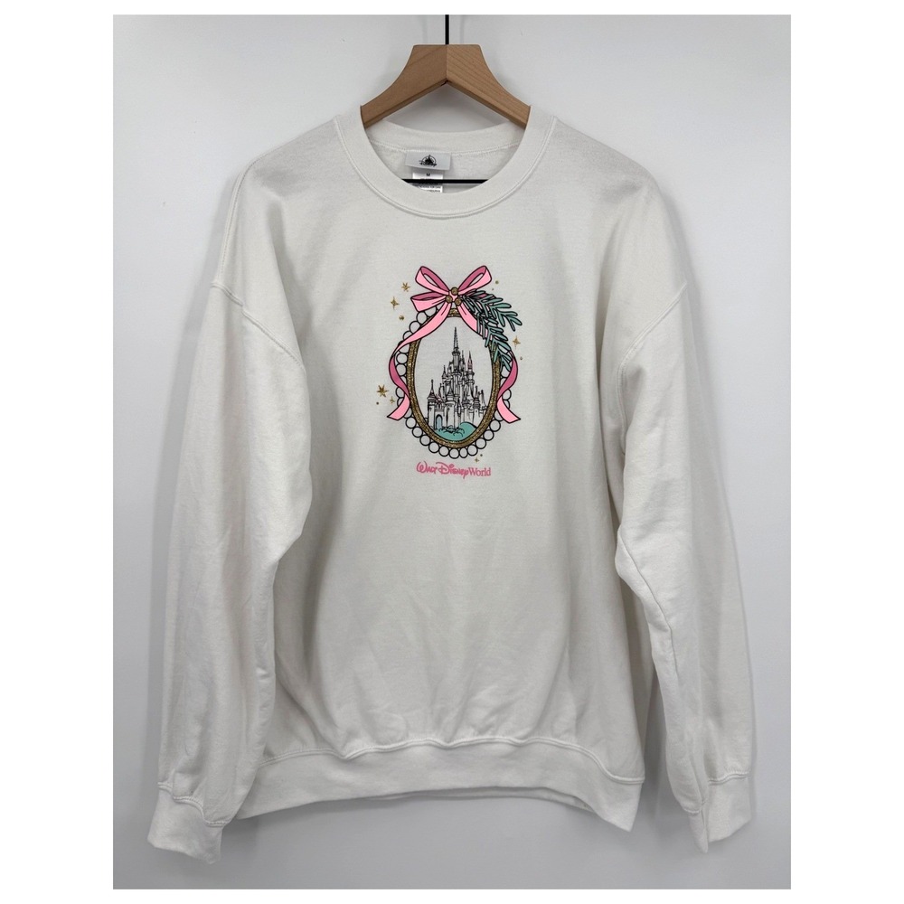 Disney World Sweater Womens Medium White Pink Bow Castle Preppy Cute Sweatshirt